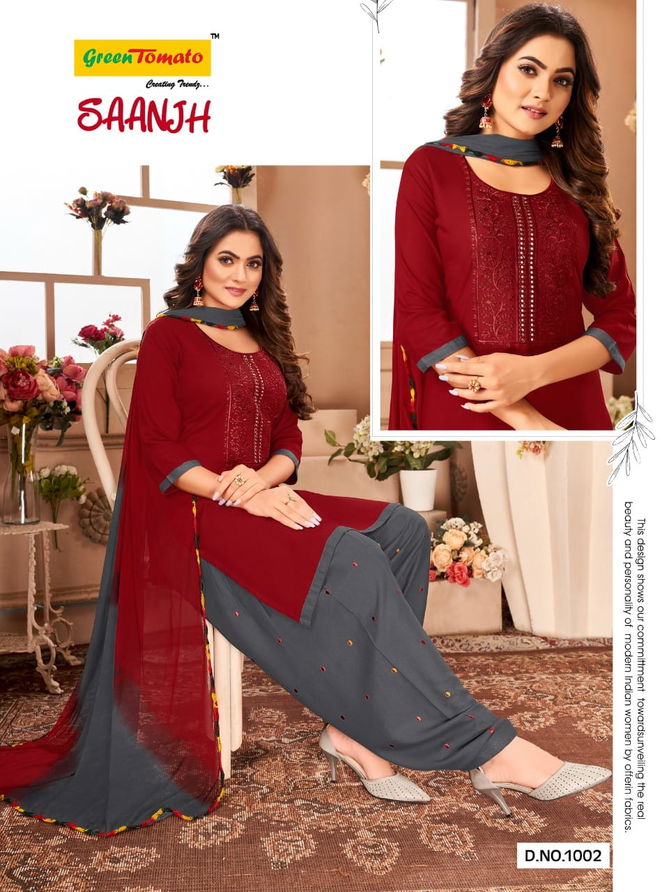 Green Tomato Saanjh Wholesale Patiyala Rayon Ready Made Suit Collection